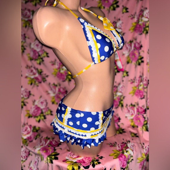Betsey Johnson yellow blue bow polka dot bikini skirted bottom rockabilly pinup - Picture 5 of 9